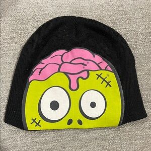 Black Beanie with Pink and Green Cartoon Design